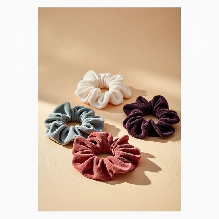 Várias scrunchies coloridas em um fundo bege