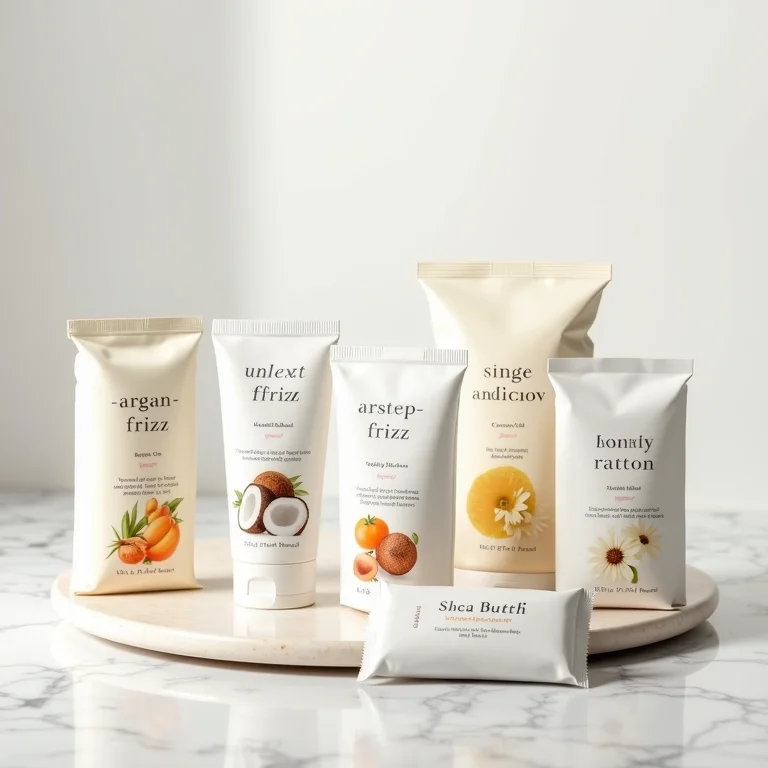 Variedade de lenços anti-frizz com diferentes ingredientes