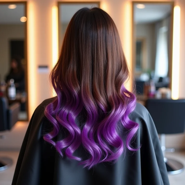 Visão traseira de mulher morena com pontas roxas no salão de beleza.