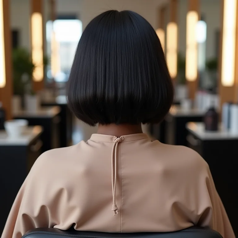 Visão traseira de mulher negra com chanel de bico e franja reta em salão de beleza