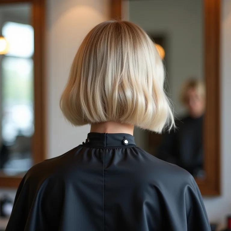 Visão traseira de um corte de cabelo curto e desfiado em um salão.