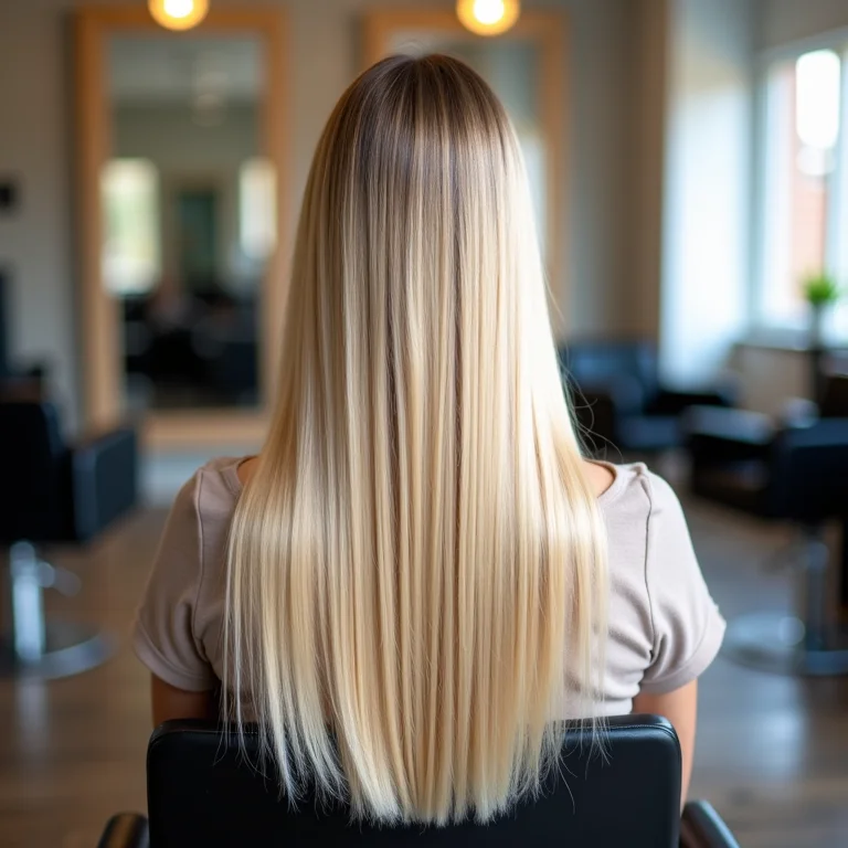 Visão traseira de uma mulher loira no salão mostrando a geometria do hair contour.