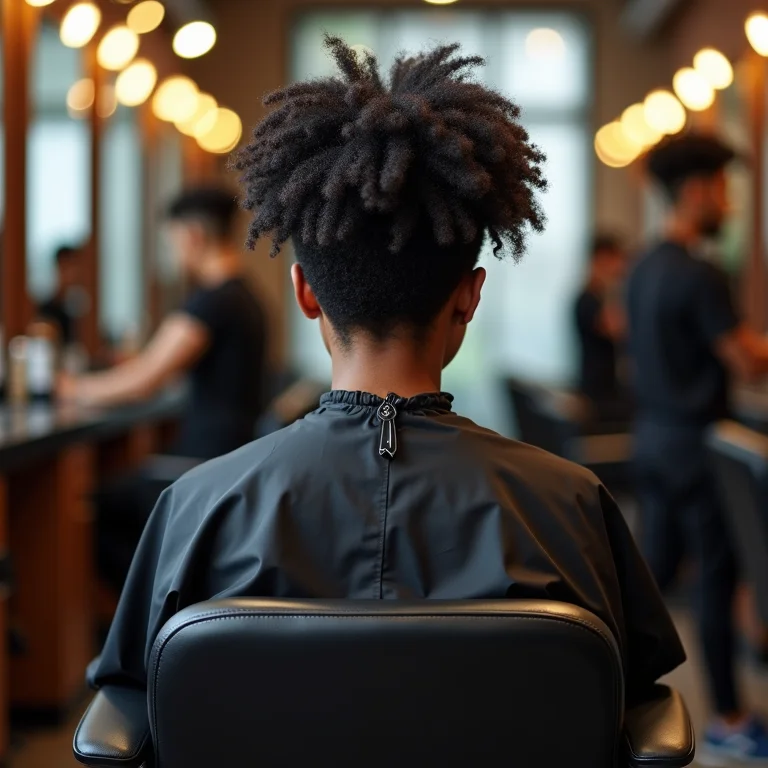 Visão traseira de uma mulher negra mostrando seu corte de cabelo crespo no salão.