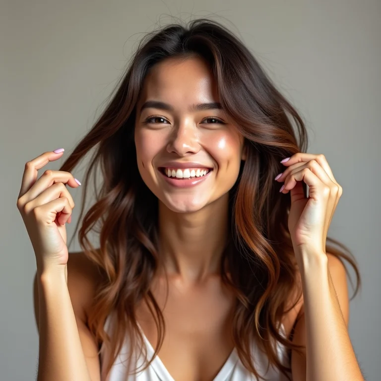 Woman with Brunette hair applying product.