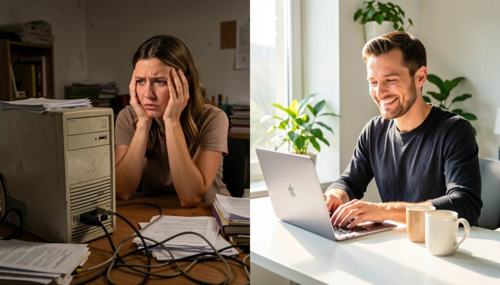 Ferramentas Web Leves para Criar Textos Personalizados: Comparativo e Passo a Passo Comparativo de espaços de trabalho: setup pesado e desorganizado versus setup leve e minimalista com laptop.